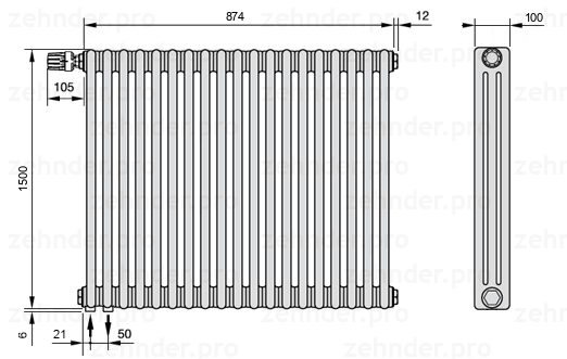 Схема (чертеж) Радиатор Zehnder Charleston 3150/19 №V001 Белый глянцевый RAL 9016